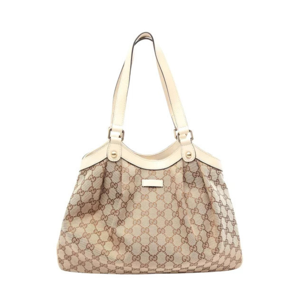 Gucci GG Canvas Tote Bag Leather Beige Cream White